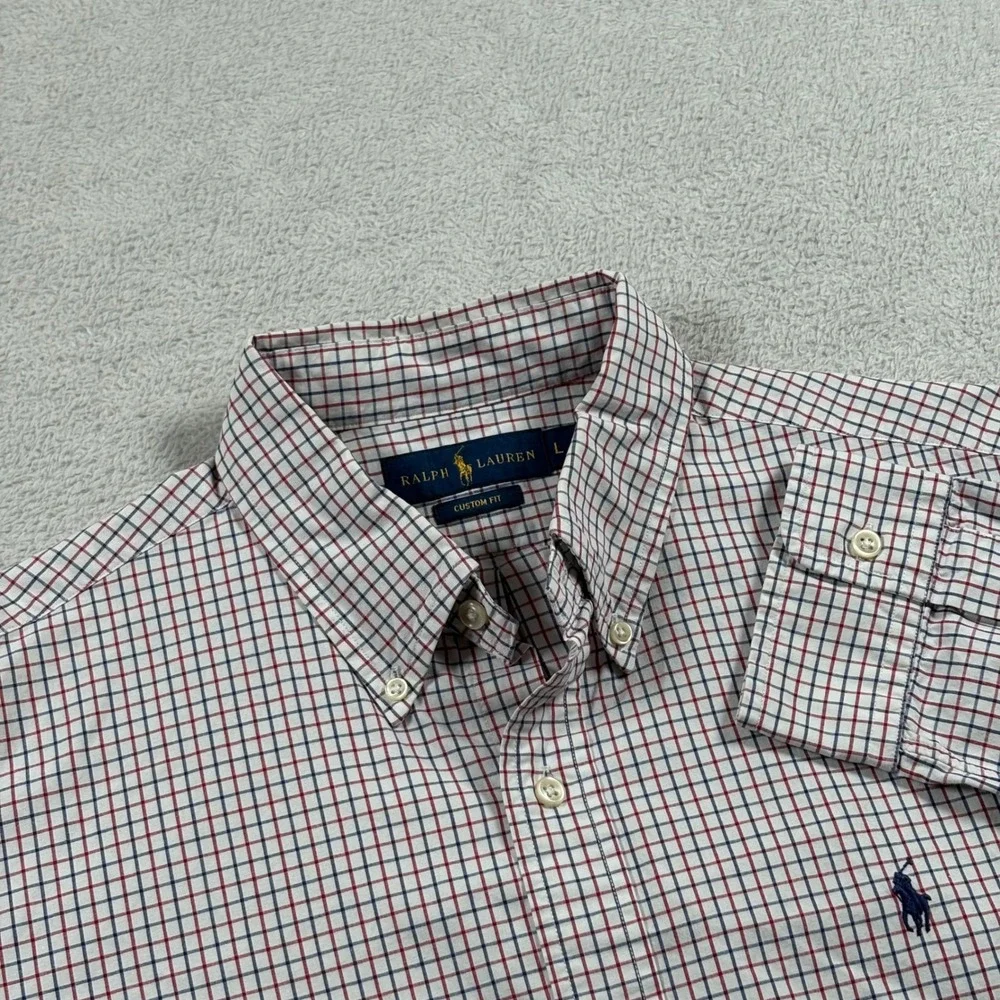 Ralph Lauren Mens Custom Fit Tattersall Check Button Down Shirt Red Navy Large